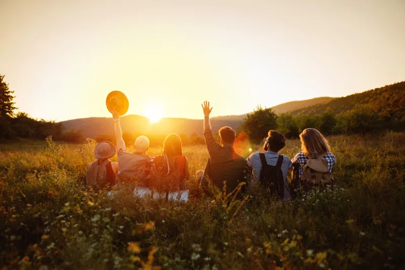 Familien gehen Hand in Hand über eine Wiese in der Abendsonne