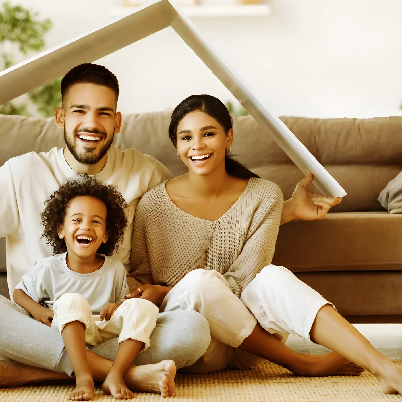 Familie sitzt lachend im Wohnzimmer, die Eltern halten ein Dach aus Pappe über ihr Kind